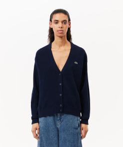 Lacoste Sweaters & Sweatshirts-Womens Relaxed Fit V-Neck Wool Cardigan-AF9545-51-lacoste us