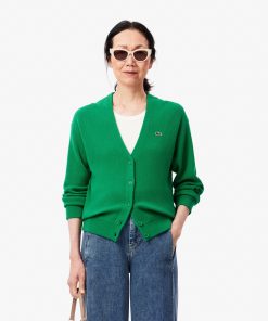 Lacoste Sweaters & Sweatshirts-Womens Relaxed Fit V-Neck Wool Cardigan-AF9545-51-la coste