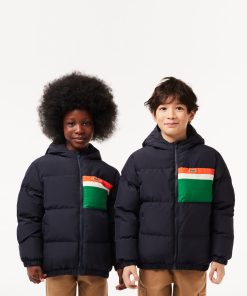 Lacoste Jackets & Coats-Kids Contrast Stripe Hooded Puffer Jacket-BJ1247-51-lacost