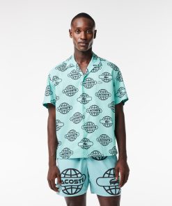 Lacoste Button Down Shirts-Mens Globe Print Cotton Twill Shirt-CH1880-51-lacoste outlet