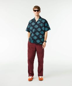 Lacoste Button Down Shirts-Mens Globe Print Cotton Twill Shirt-CH1880-51-lacosta 2