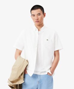 Lacoste Button Down Shirts-Mens Regular Fit Short Sleeve Oxford Shirt-CH1917-51-lacosta