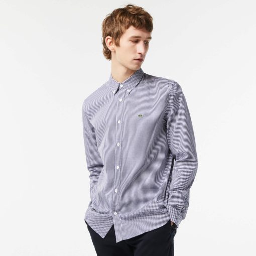 Lacoste Button Down Shirts-Mens Regular Fit Checked Cotton Shirt-CH2932-51-lacoste cardigan