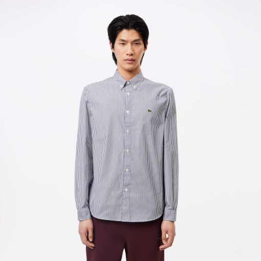 Lacoste Button Down Shirts-Mens Regular Fit Striped Cotton Shirt-CH2936-51-lacoste us