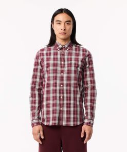 Lacoste Button Down Shirts-Mens Slim Fit Stretch Plaid Shirt-CH3745-51-lacoste factory outlet