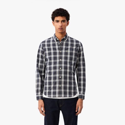 Lacoste Button Down Shirts-Mens Slim Fit Stretch Plaid Shirt-CH3745-51-la coste