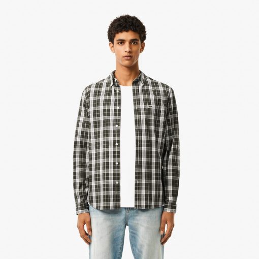 Lacoste Button Down Shirts-Mens Slim Fit Stretch Plaid Shirt-CH3745-51-lacoste store near me