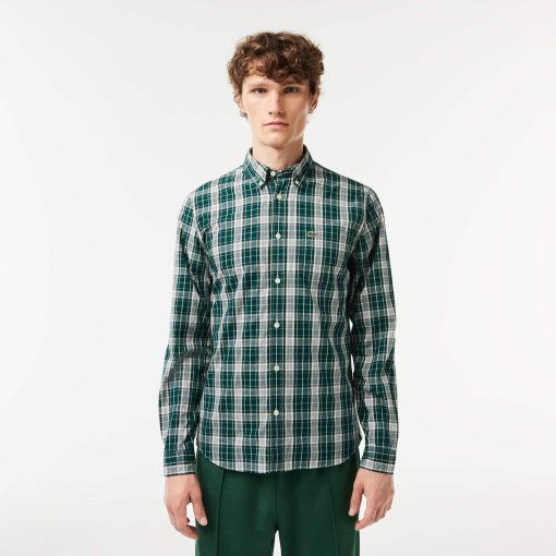 Lacoste Button Down Shirts-Mens Slim Fit Stretch Plaid Shirt-CH3745-51-locoste