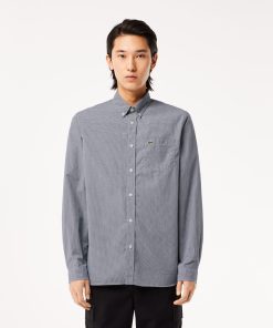 Lacoste Button Down Shirts-Mens Regular Fit Gingham Poplin Shirt-CH5621-51-lacosta