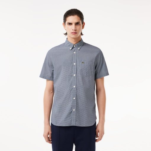 Lacoste Button Down Shirts-Mens Short Sleeve Regular Fit Gingham Shirt-CH5622-51-lacoste us