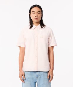 Lacoste Button Down Shirts-Mens Regular Fit Short Sleeve Oxford Shirt-CH5624-51-lacoste store