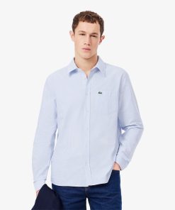 Lacoste Button Down Shirts-Mens Regular Fit Striped Oxford Shirt-CH5625-51-lacoste us