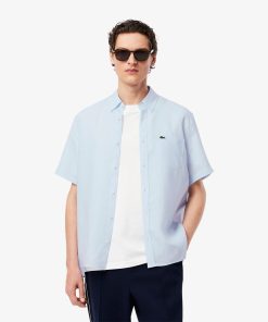 Lacoste Button Down Shirts-Mens Short Sleeve Linen Shirt-CH5699-51-lacoste store near me