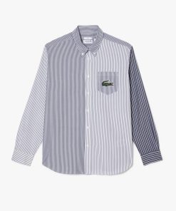 Lacoste Button Down Shirts-Unisex Large Croc Striped Cotton Shirt-CH6409-51-lacoste us