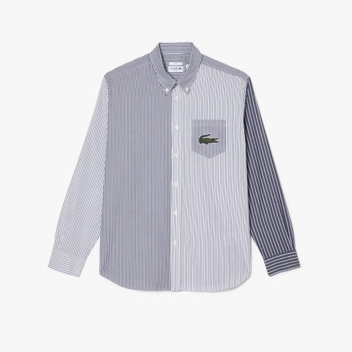 Lacoste Button Down Shirts-Unisex Large Croc Striped Cotton Shirt-CH6409-51-lacoste us