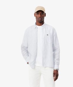 Lacoste Button Down Shirts-Mens Regular Fit Striped Linen Shirt-CH6985-51-lacoste store