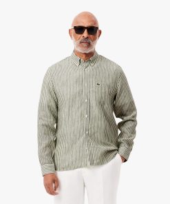 Lacoste Button Down Shirts-Mens Regular Fit Striped Linen Shirt-CH6985-51-lacoste near me