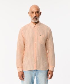 Lacoste Button Down Shirts-Mens Regular Fit Striped Linen Shirt-CH6985-51-lacoste outlet