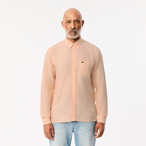 Lacoste Button Down Shirts-Mens Regular Fit Striped Linen Shirt-CH6985-51-lacoste outlet