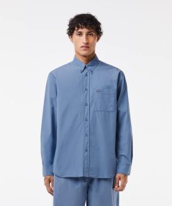 Lacoste Button Down Shirts-Mens Relaxed Fit Washed Effect Poplin Shirt-CH7280-51-lacoste sale