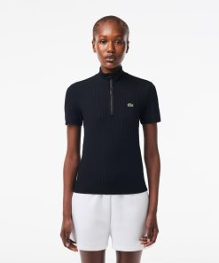 Lacoste Polos-Womens Slim Fit High Zip Neck Polo-DF7375-51-la coste