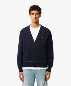 Lacoste Sweaters & Sweatshirts-Mens Relaxed Fit Piqué Topstitch Detail Cardigan-SH4221-51-locoste