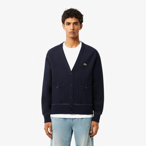 Lacoste Sweaters & Sweatshirts-Mens Relaxed Fit Piqué Topstitch Detail Cardigan-SH4221-51-locoste