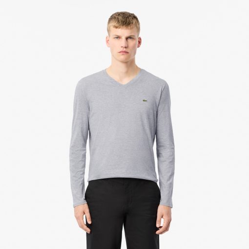 Lacoste Sweaters & Sweatshirts-Mens Lightweight Pima Cotton V-Neck T-Shirt-TH6711-51-lacoste store near me